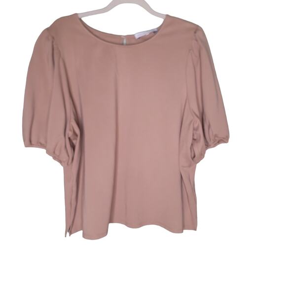 English Factory Top 2X‎ Tan Nude Short Puff Sleeves Casual Boho Cottage Prairie - Picture 1 of 6